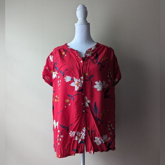 Old Navy Button Front Red Floral Short Sleeve Large - Picture 1 of 6